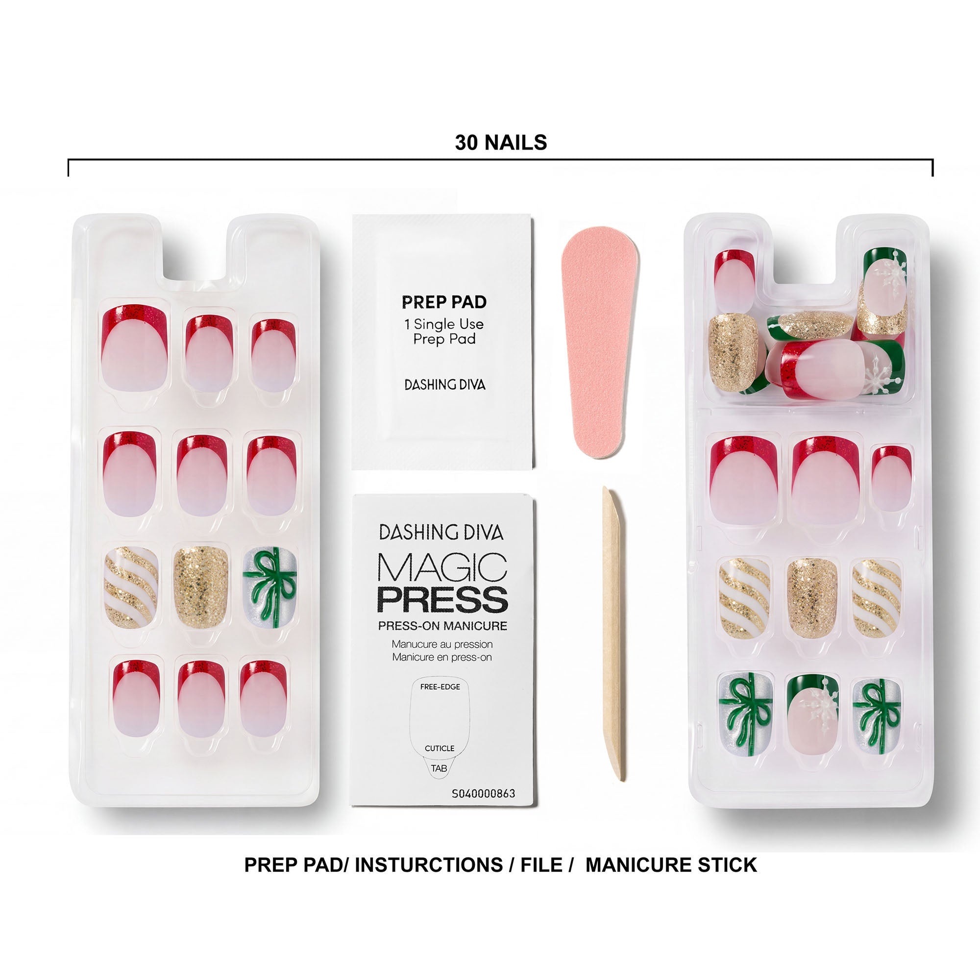 Contents of nail kit including 30 nails, prep pad, file, and manicure stick