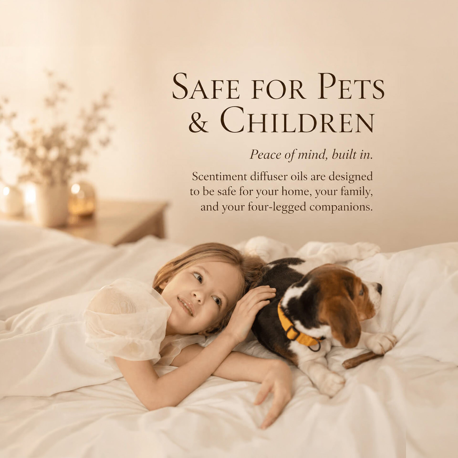 Young child and beagle puppy lying together on a white bed, with text stating the diffuser oils are safe for pets and children