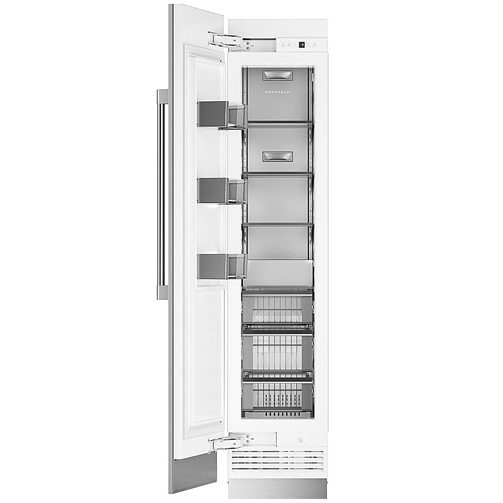 Built-in column freezer with stainless steel exterior and multiple pull-out drawers