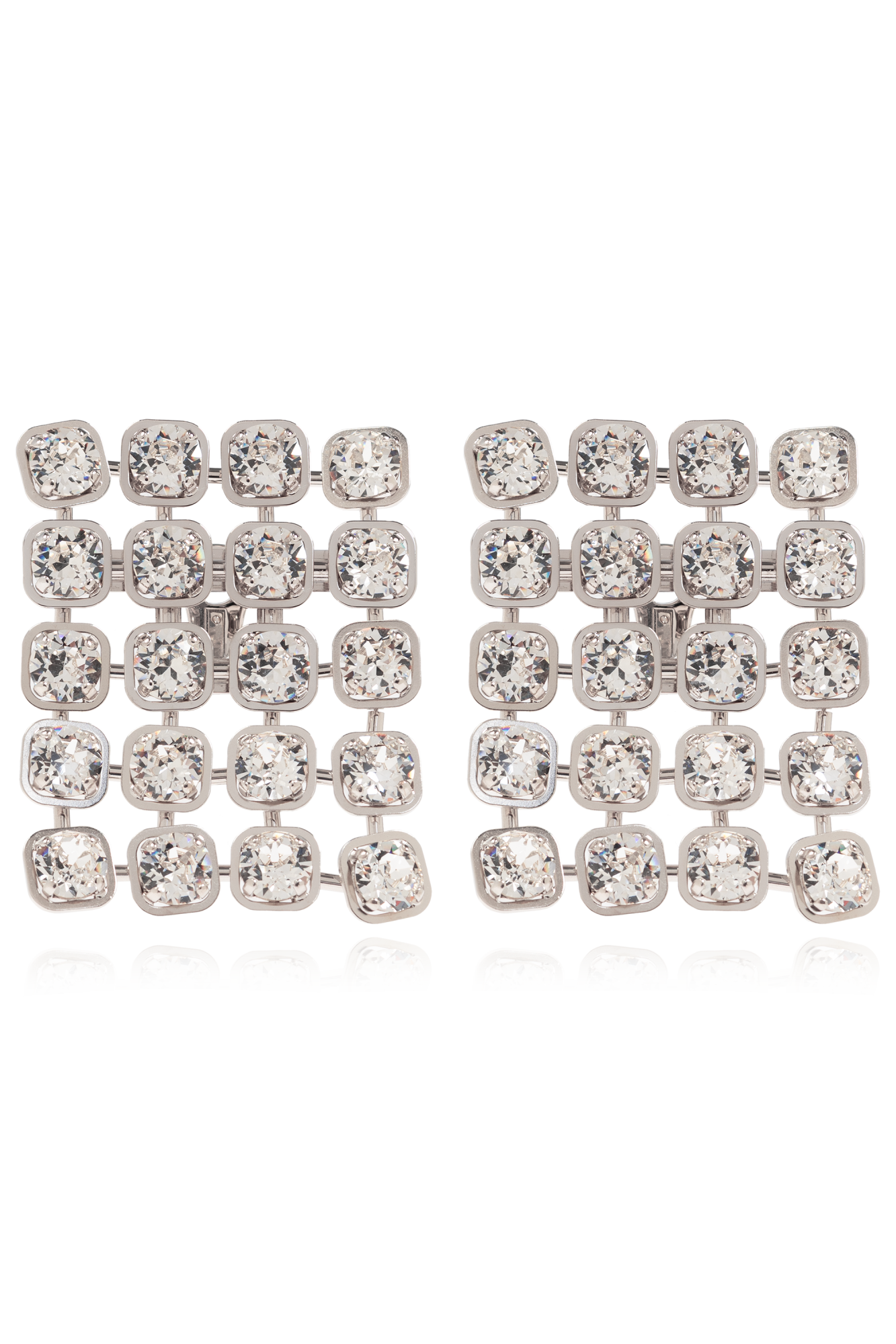 Pair of rectangular crystal stud earrings with multiple square-cut stones arranged in grid pattern