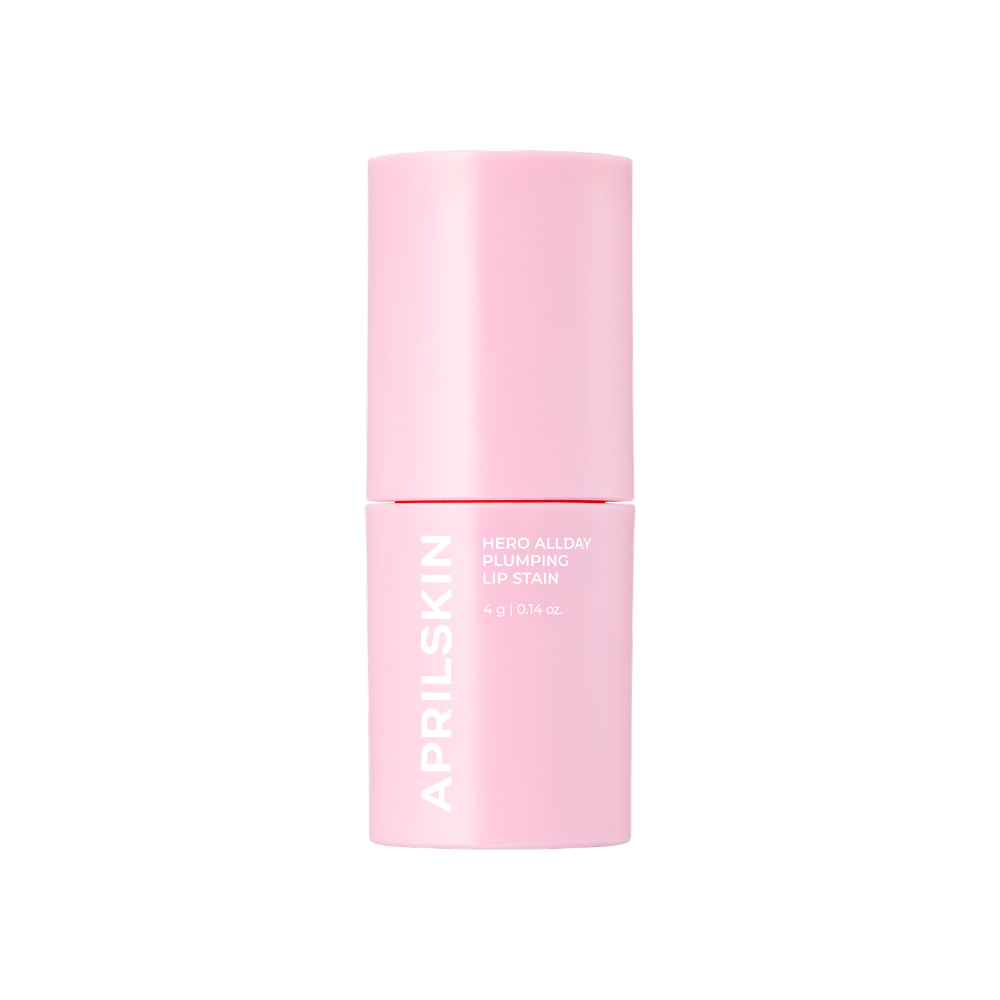 Pink cylindrical lip stain container labeled Hero Allday Plumping Lip Stain