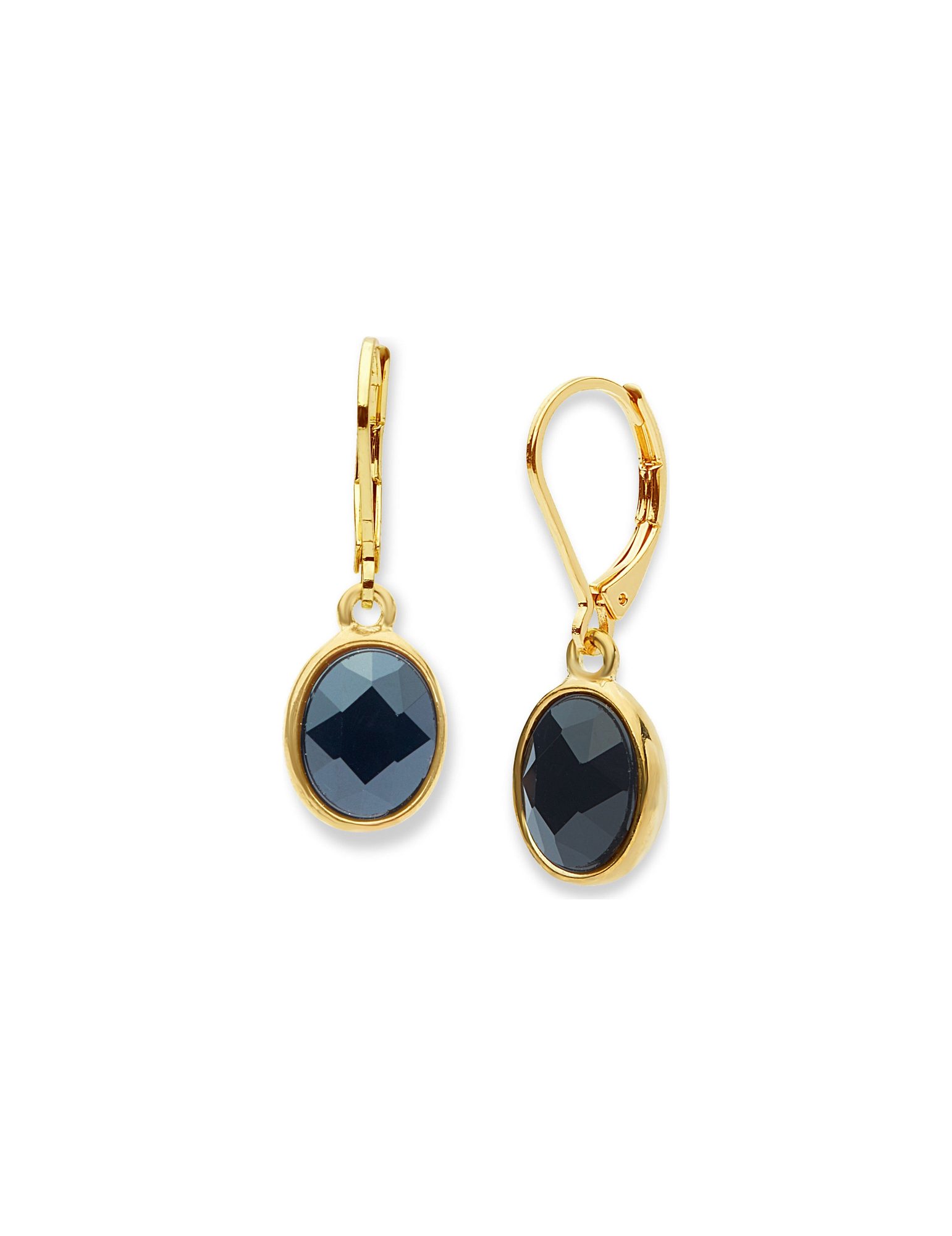 Gold-tone drop earrings with faceted dark blue oval stones and leverback closures