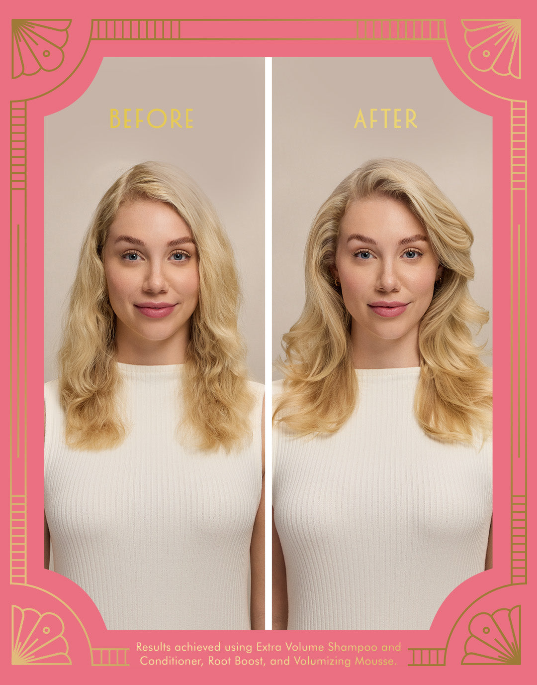 Before and after comparison of blonde wavy hair styled with increased volume and waves on right side