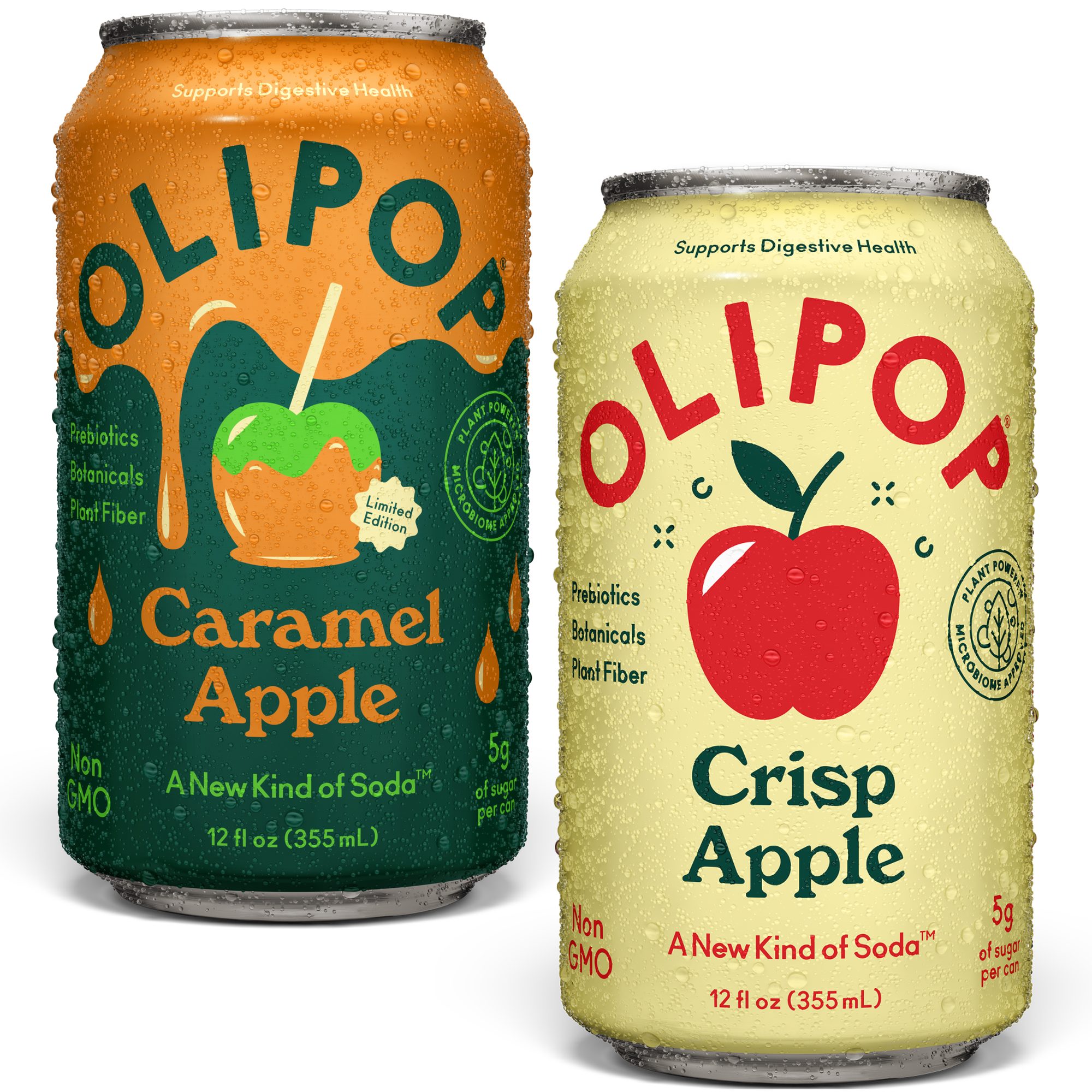 Two aluminum cans side by side: Caramel Apple flavor in orange and green, Crisp Apple flavor in pale yellow and red