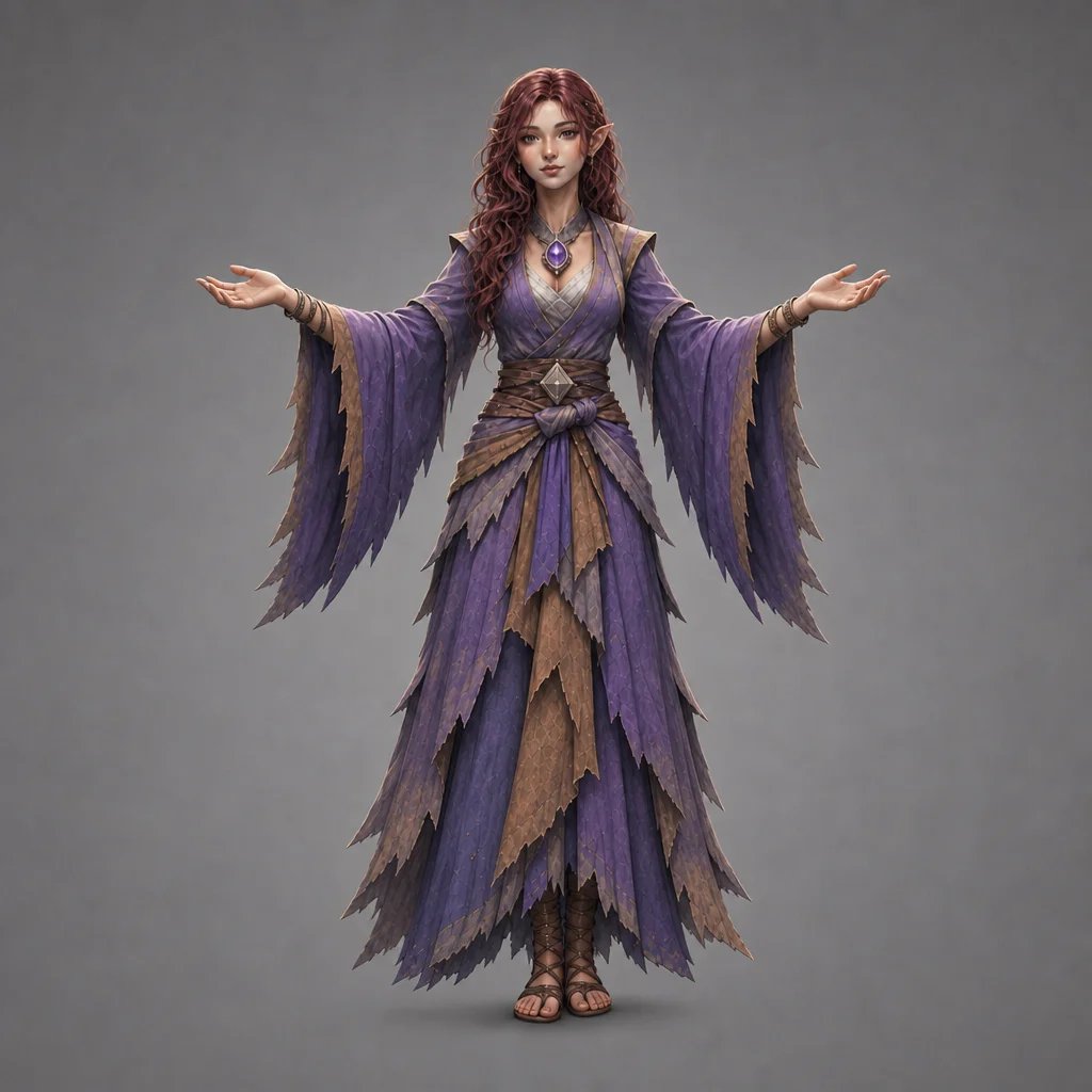 A woman with long reddish-brown wavy hair wearing a flowing purple and brown layered dress with feathered sleeves and a blue gemstone necklace