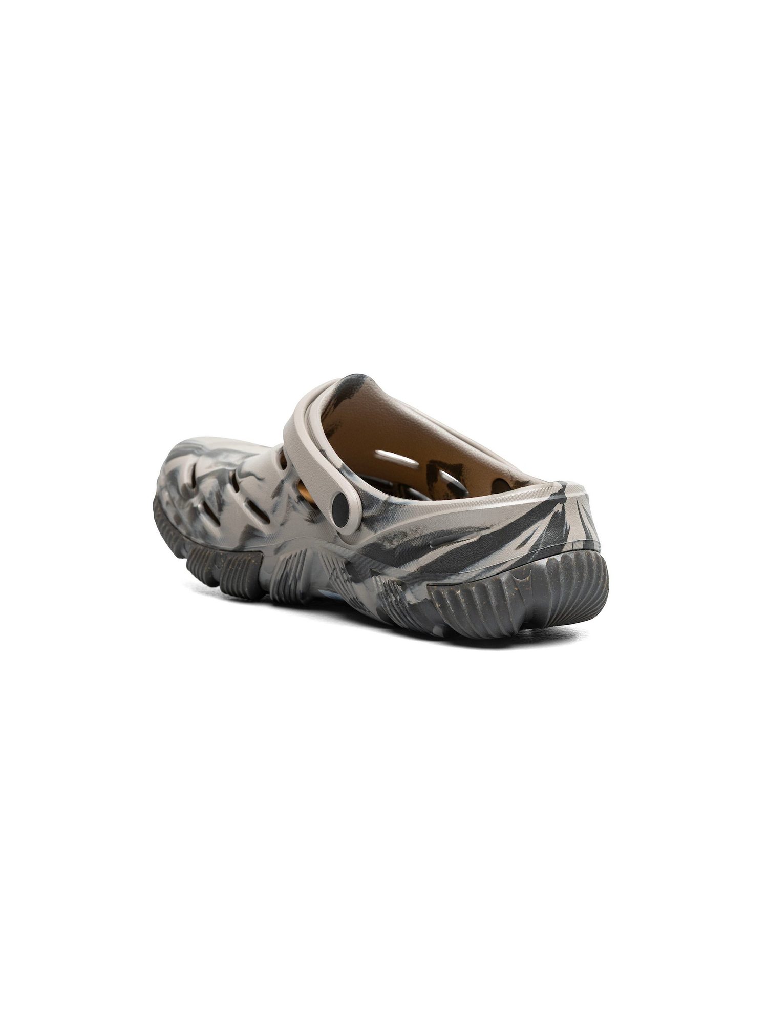 Rear view of gray marbled clog showing textured sole and back heel design