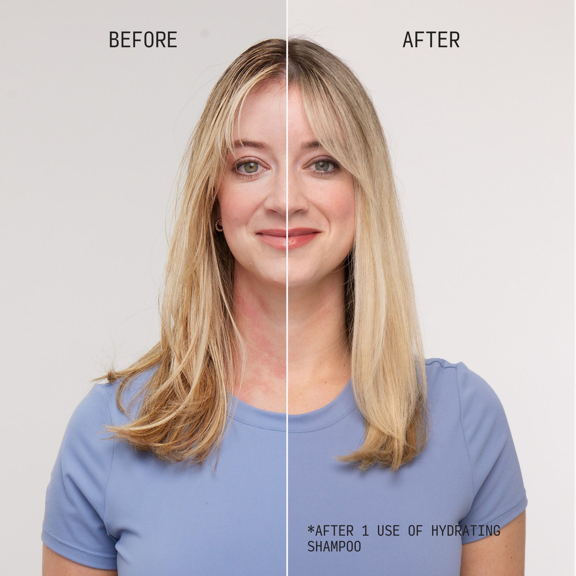 Split image showing blonde woman's face before and after using hydrating shampoo, with improved hair texture on right side