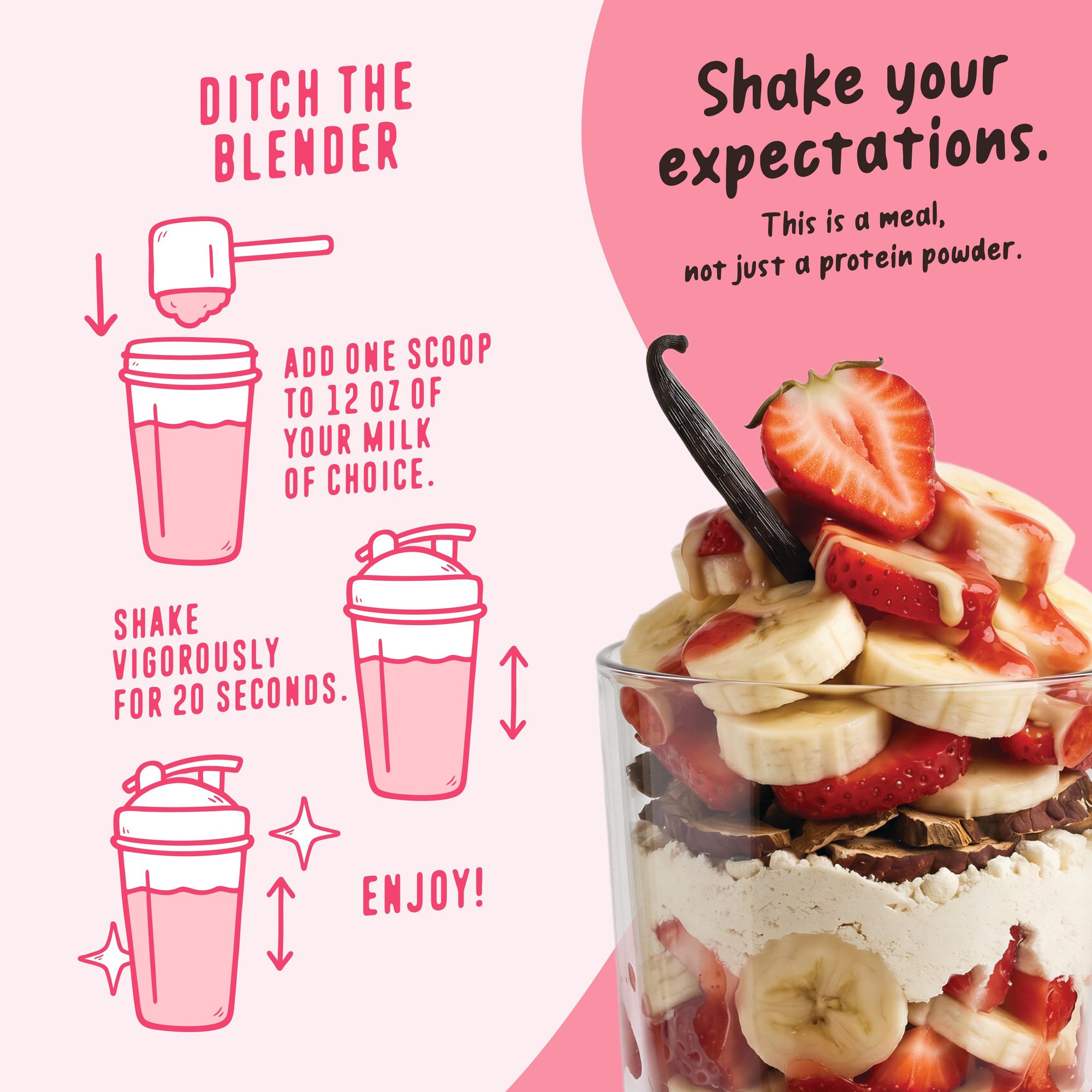 Instructions graphic with shaker cup illustration showing how to mix one scoop of powder with 12oz milk and shake for 20 seconds