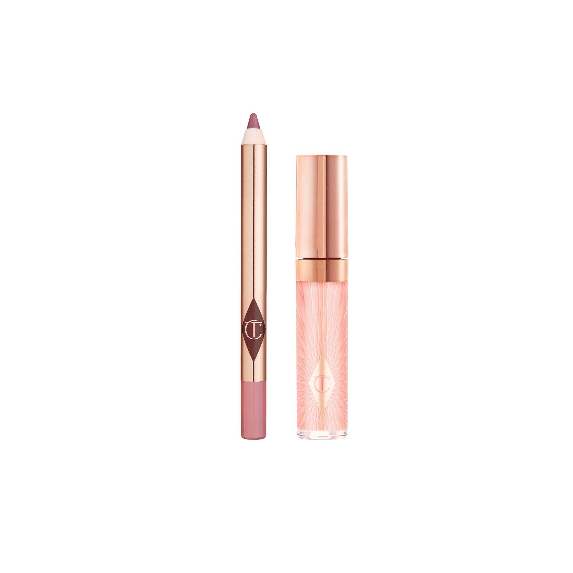 Rose gold lip pencil and liquid lip gloss with Charlotte Tilbury branding