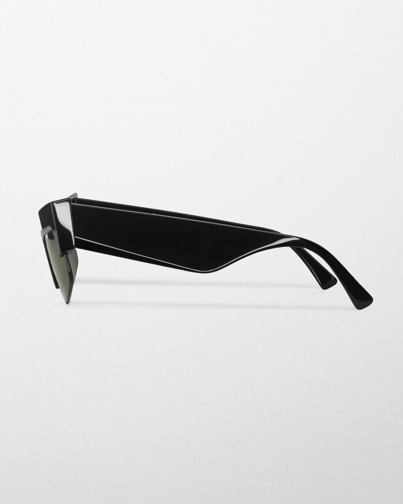 Black rectangular sunglasses with dark lenses displayed in profile view