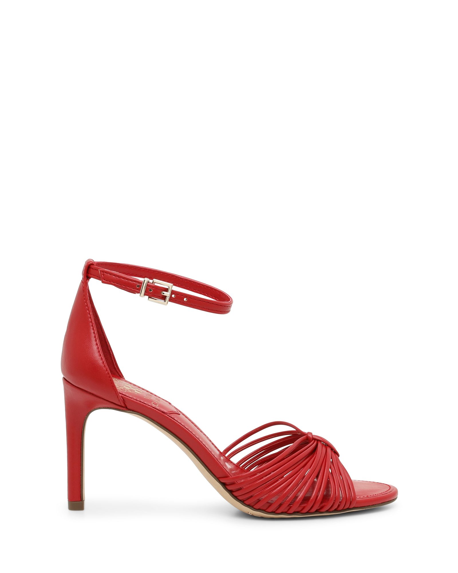 Red strappy heeled sandal with pleated toe design and ankle buckle