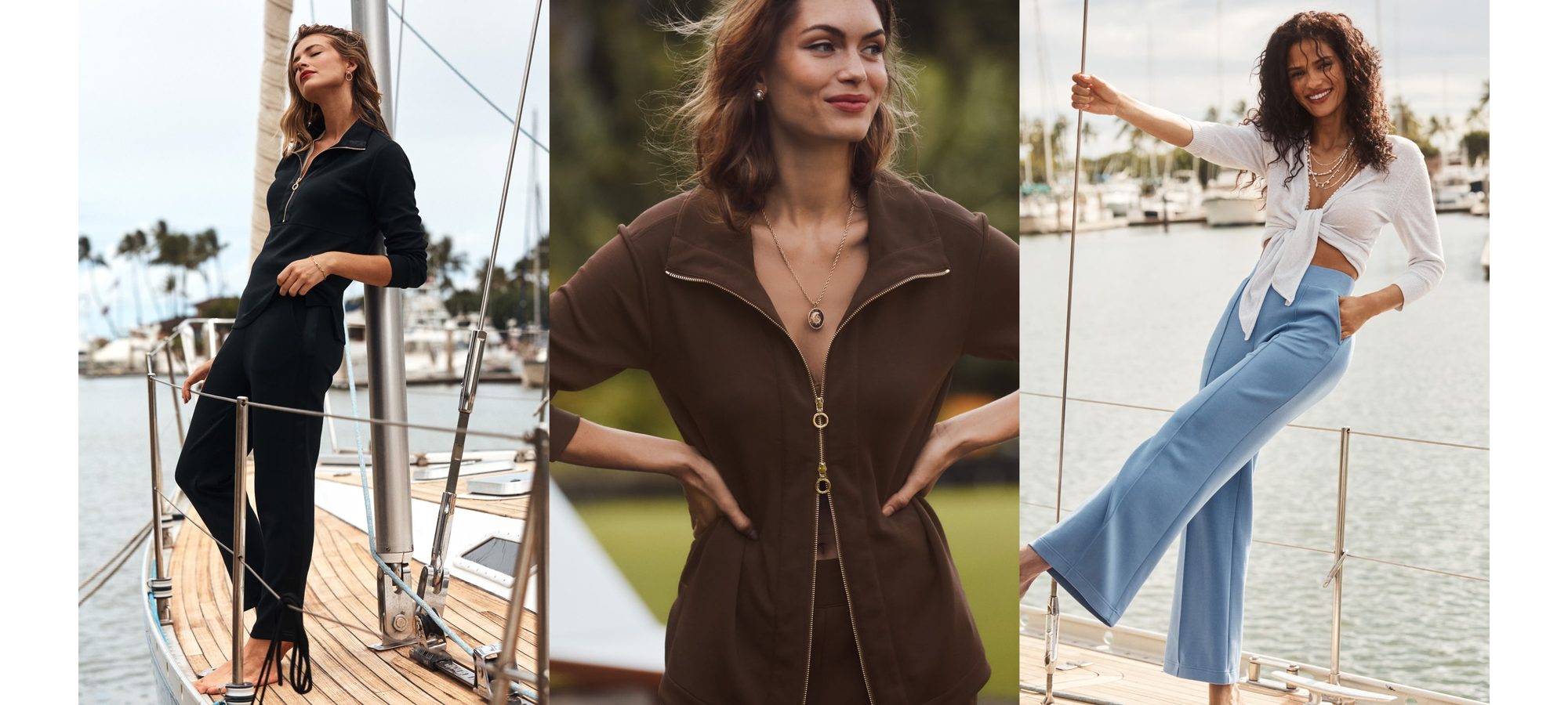 Three women modeling casual resort wear on a sailboat