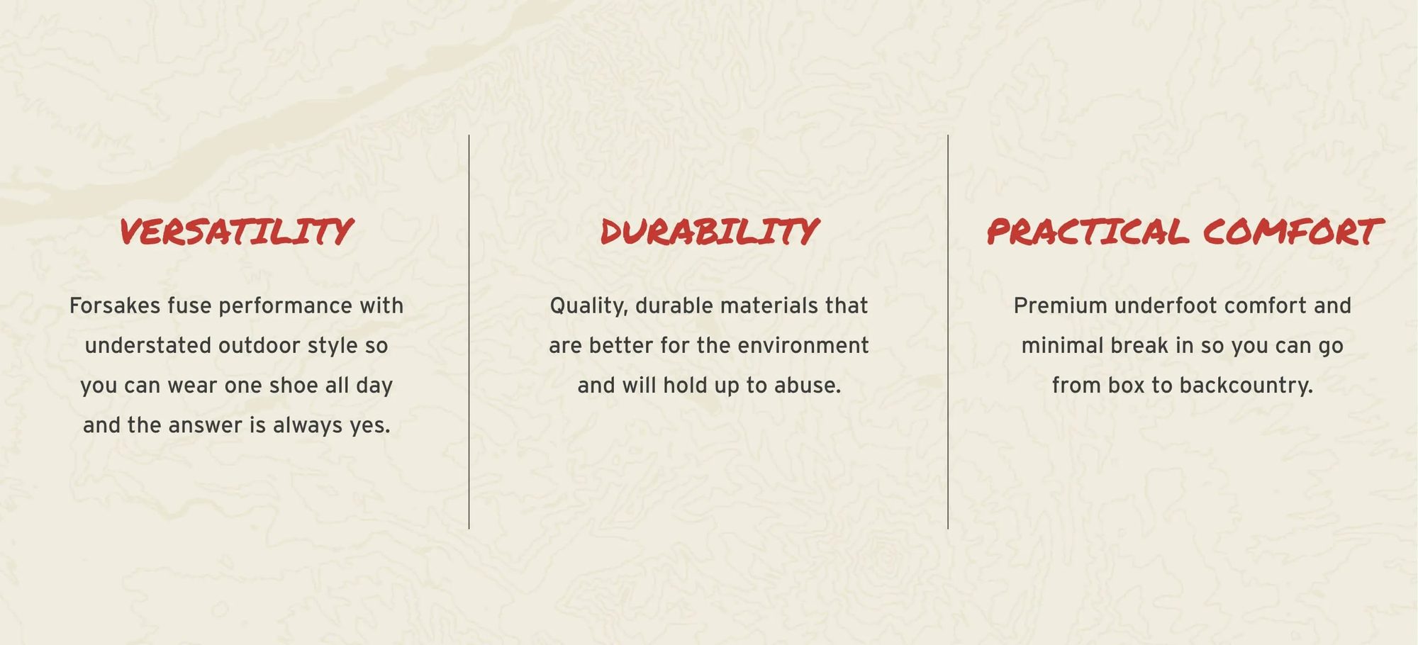 Text describing three qualities: Versatility, Durability, and Practical Comfort with explanatory descriptions