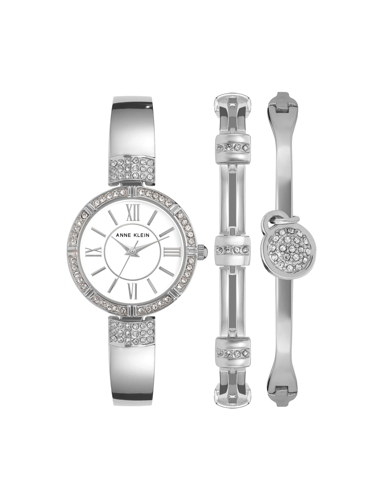 Silver-tone watch with Roman numerals, crystal-embellished bezel and two matching bracelets