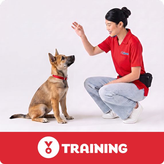 Woman in red PetSmart shirt crouching next to brown dog giving hand signal for training