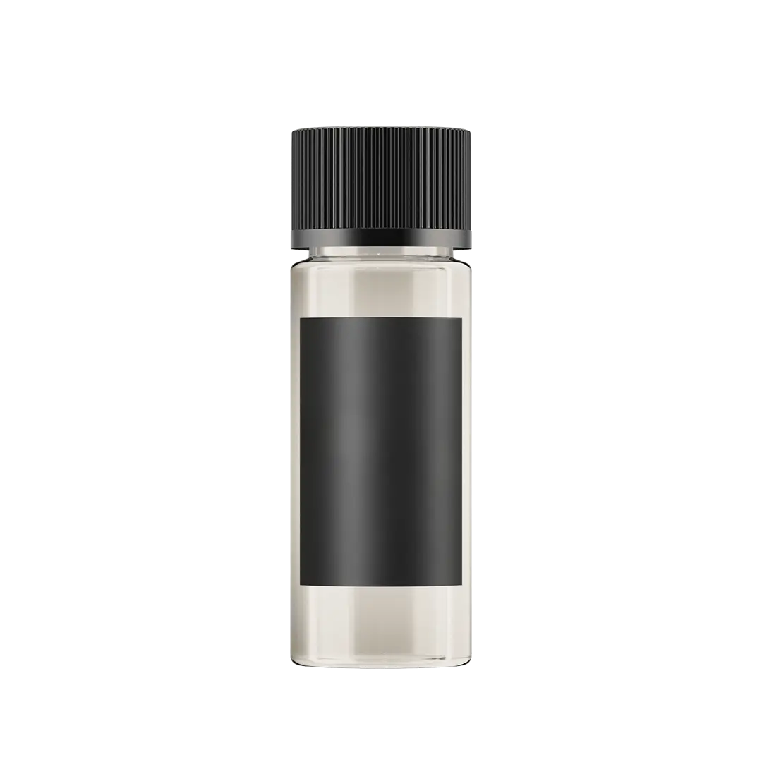 Taller clear glass bottle with black ridged cap and black label band, filled with transparent diffuser oil