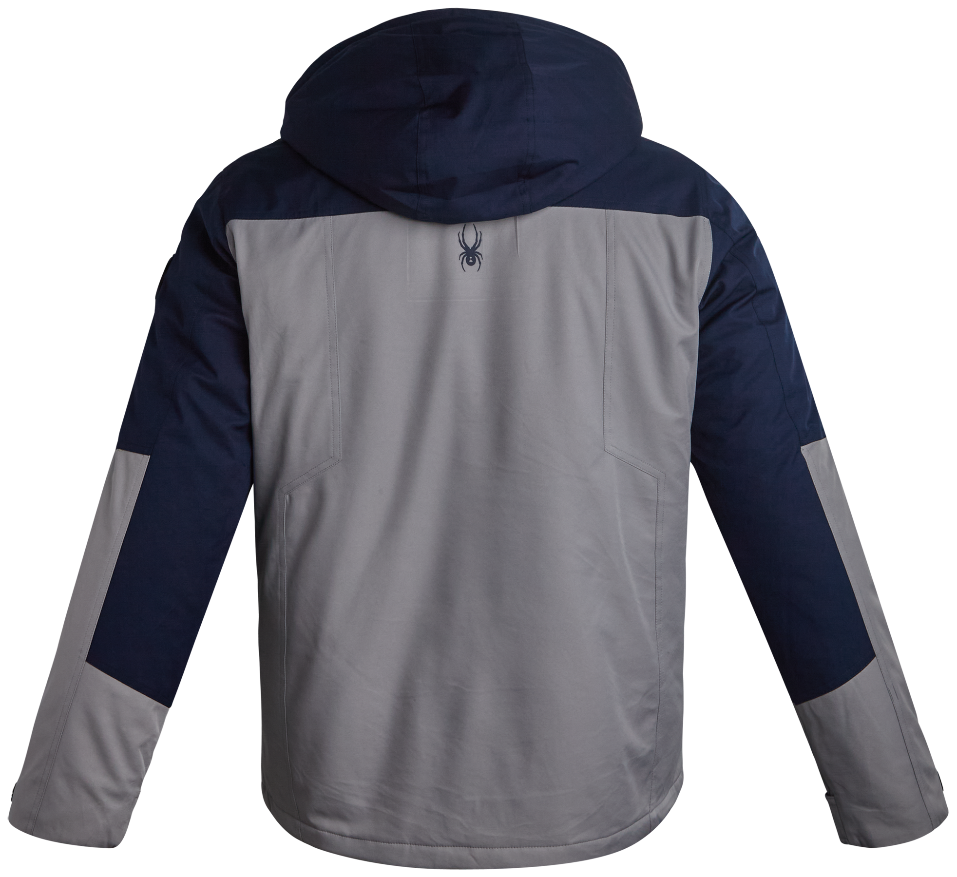 Back view of navy and gray ski jacket with hood up and spider logo embroidered on upper back