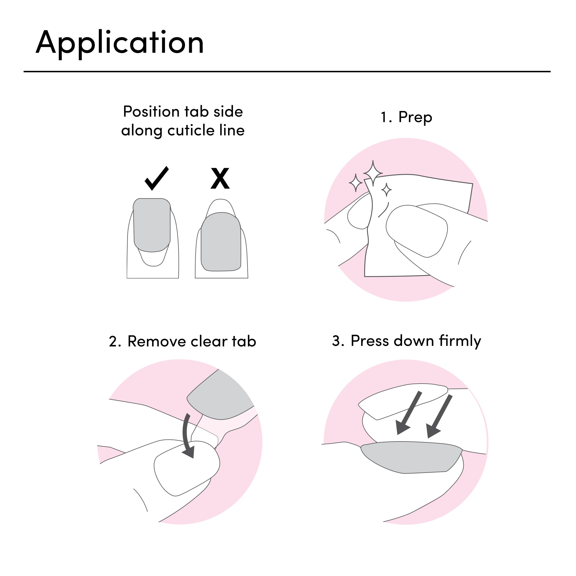 Step-by-step application instructions showing nail prep, tab removal, and pressing down
