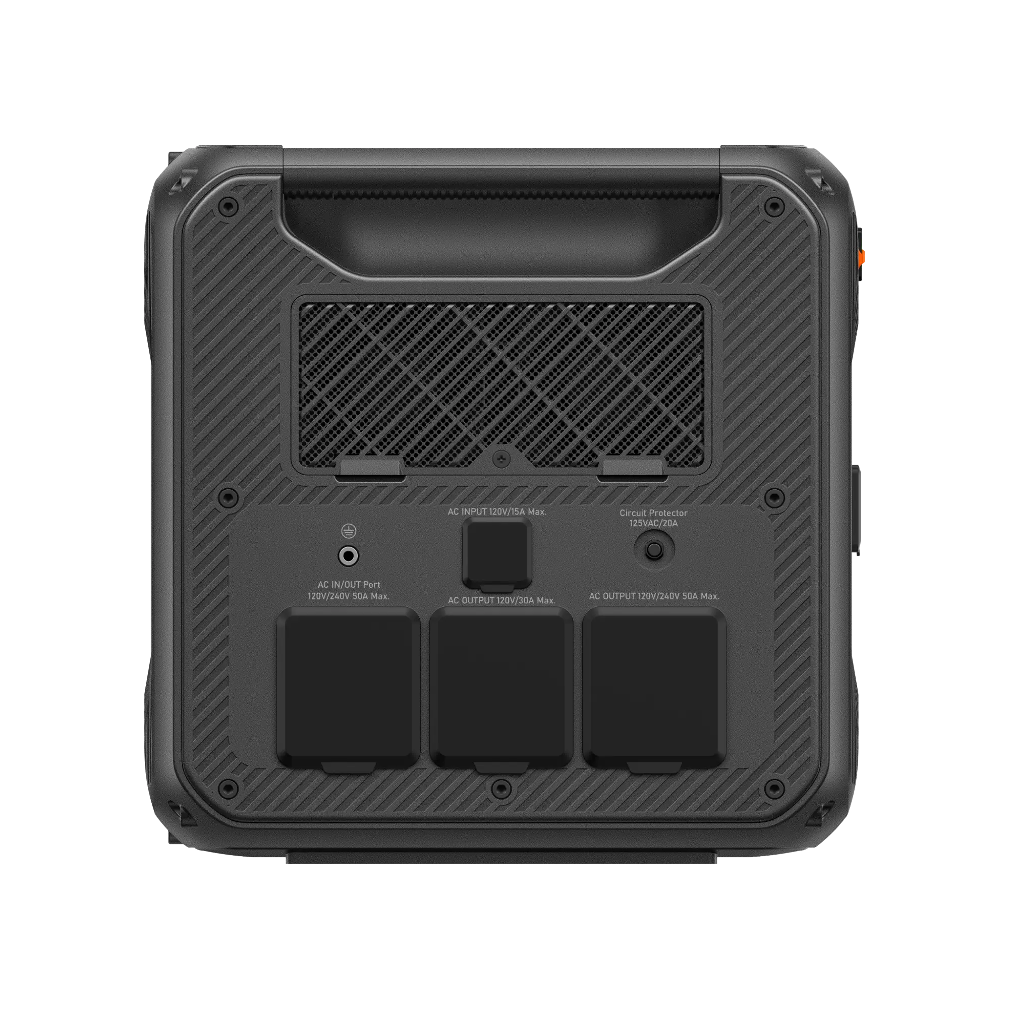 Back panel view showing AC input/output ports, circuit protector, and ventilation mesh