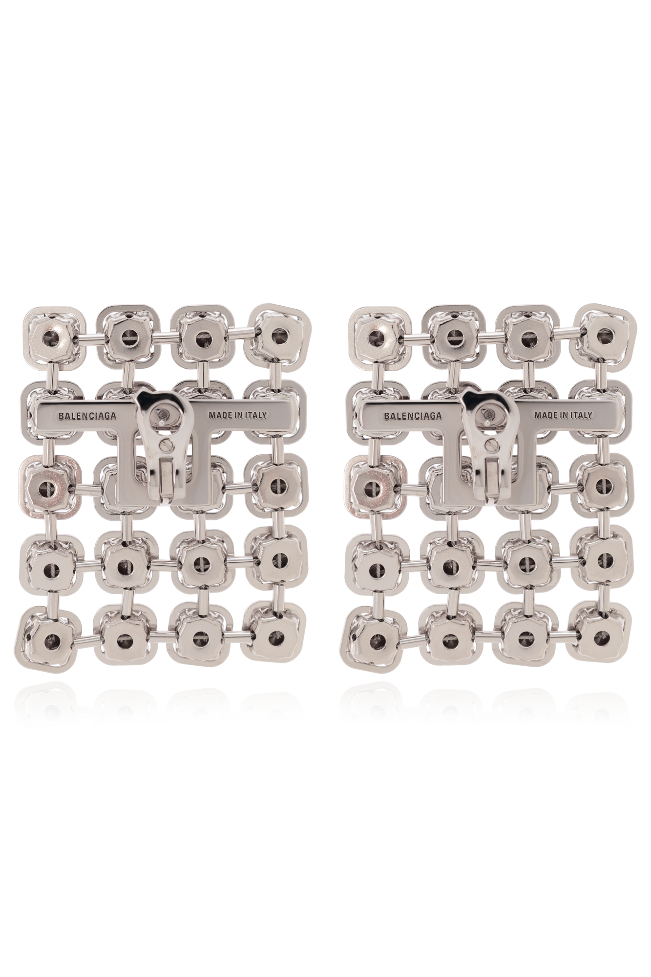 Pair of silver metal chain link earrings with square cushion-shaped settings