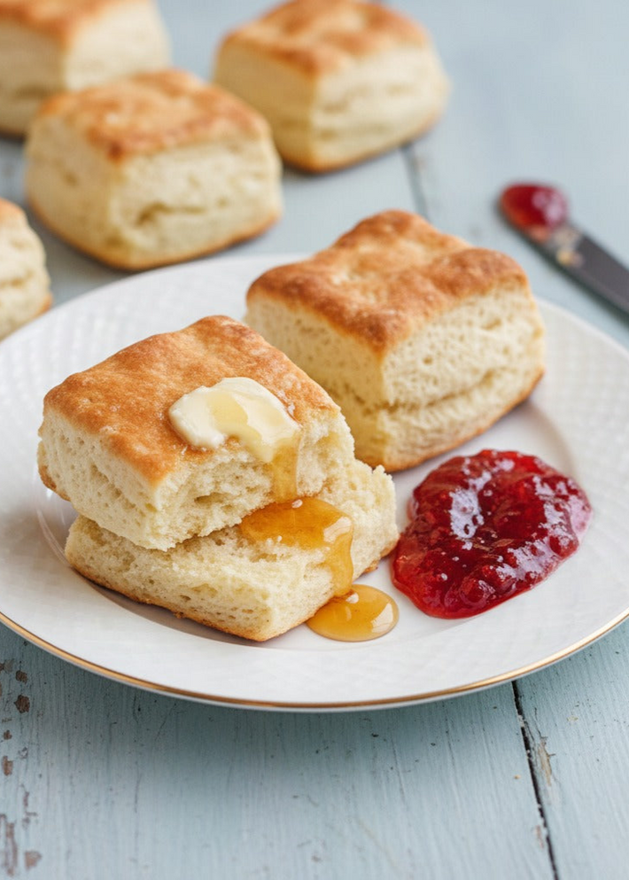 Scones with butter and jam on a white plate with more scones in background