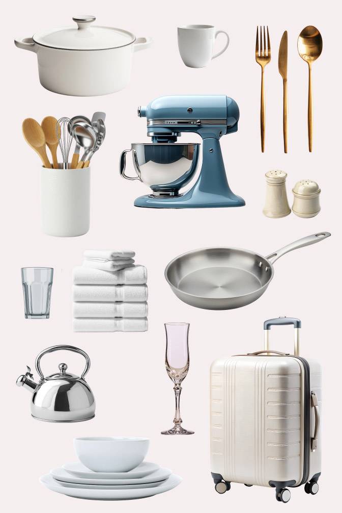 Collection of kitchen essentials and dining items including cookware, utensils, mixer, luggage, and tableware on white background.