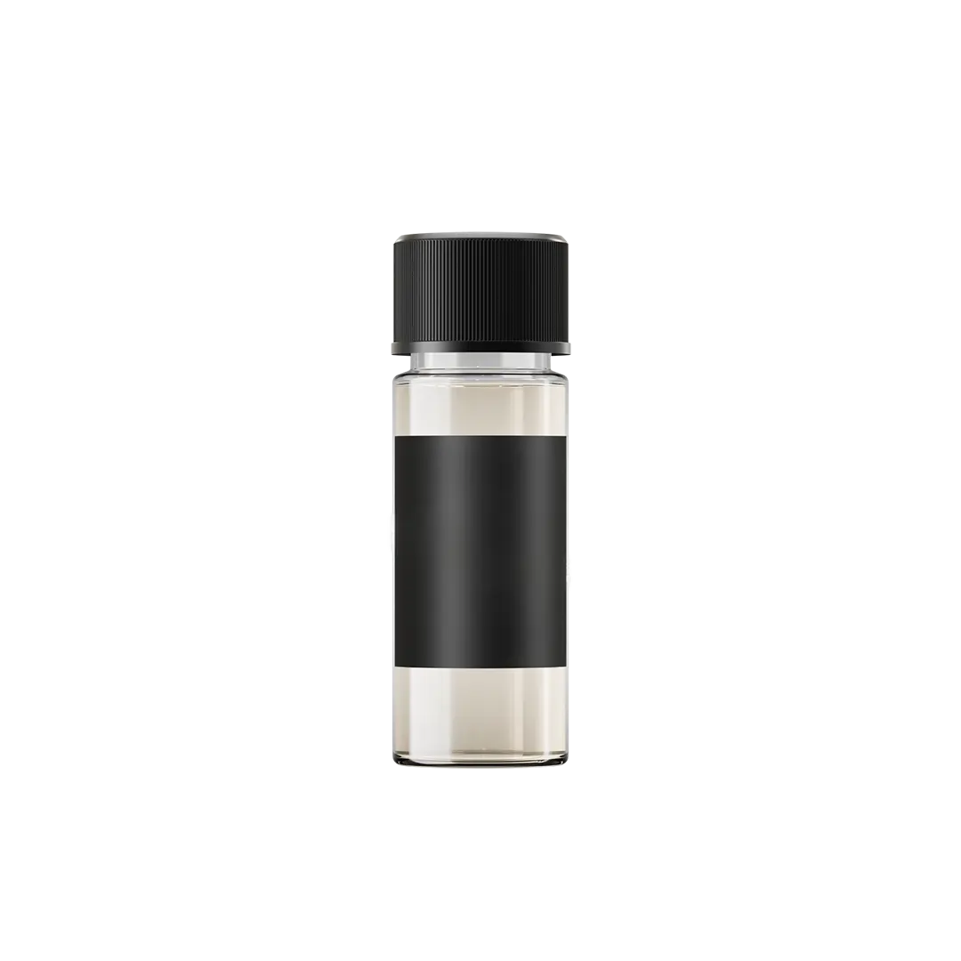Clear glass bottle with black ribbed cap and black label band, containing light-colored diffuser oil