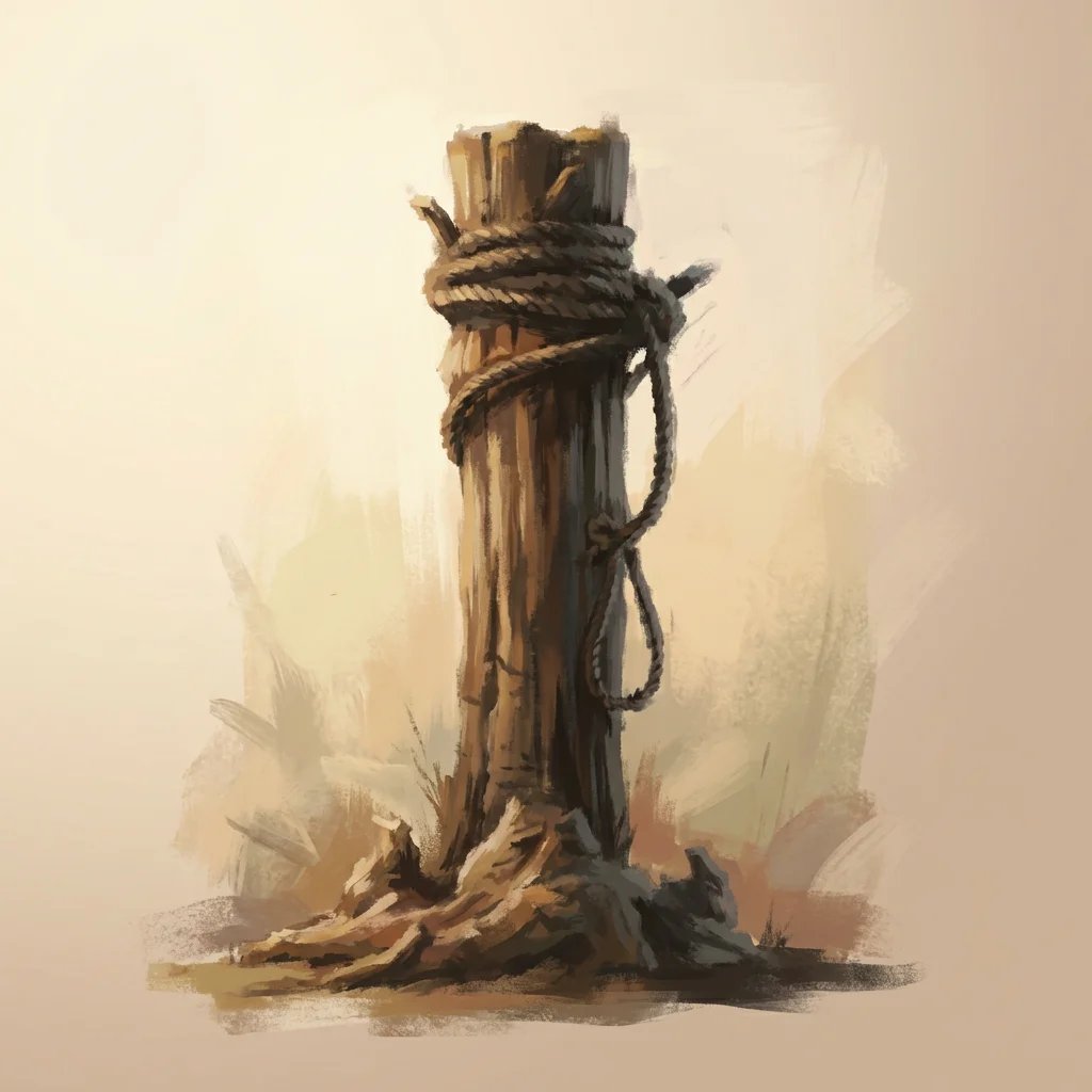 A weathered wooden post or tree stump wrapped in thick rope, standing against a misty landscape with ruins in the background