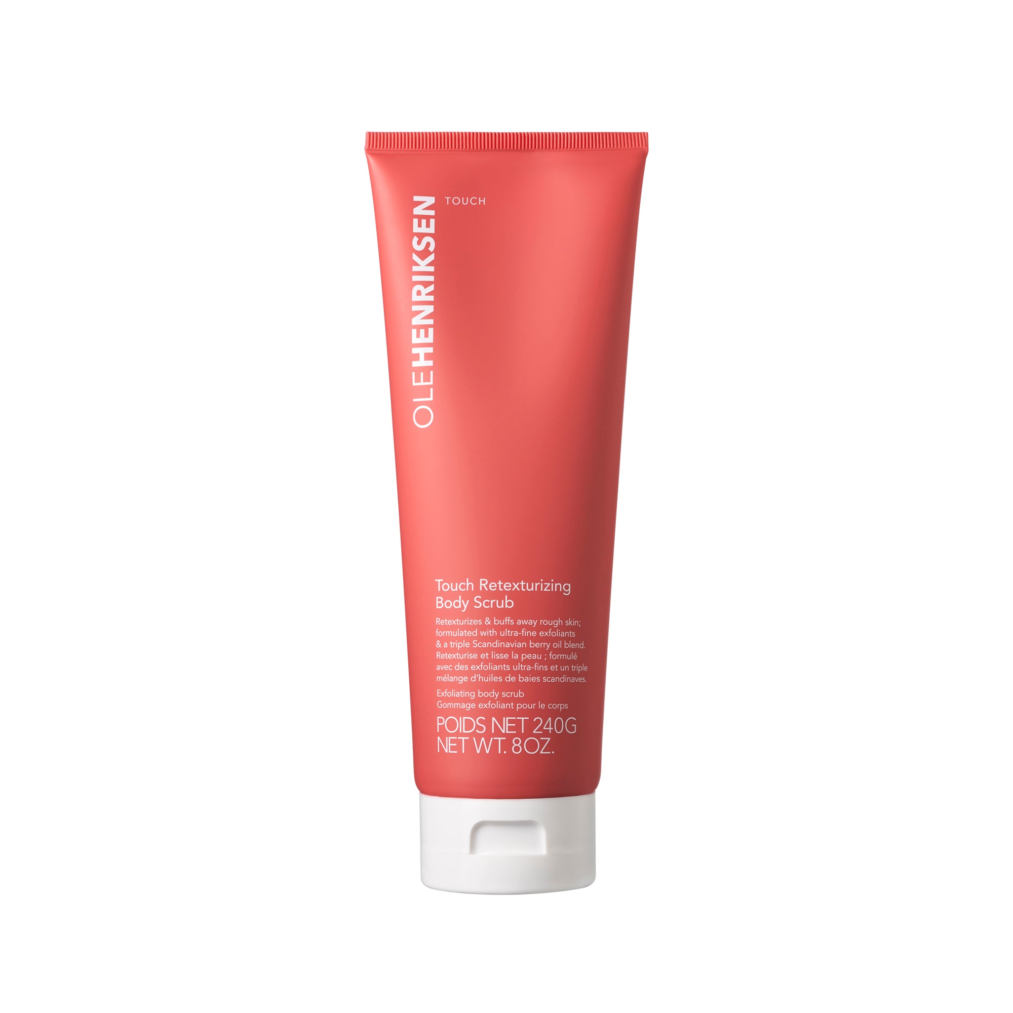 Red tube of Touch Retexturizing Body Scrub with white cap on white background