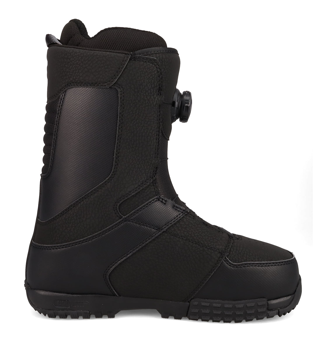 Black snowboard boot with BOA dial closure, rear three-quarter view showing heel and calf area