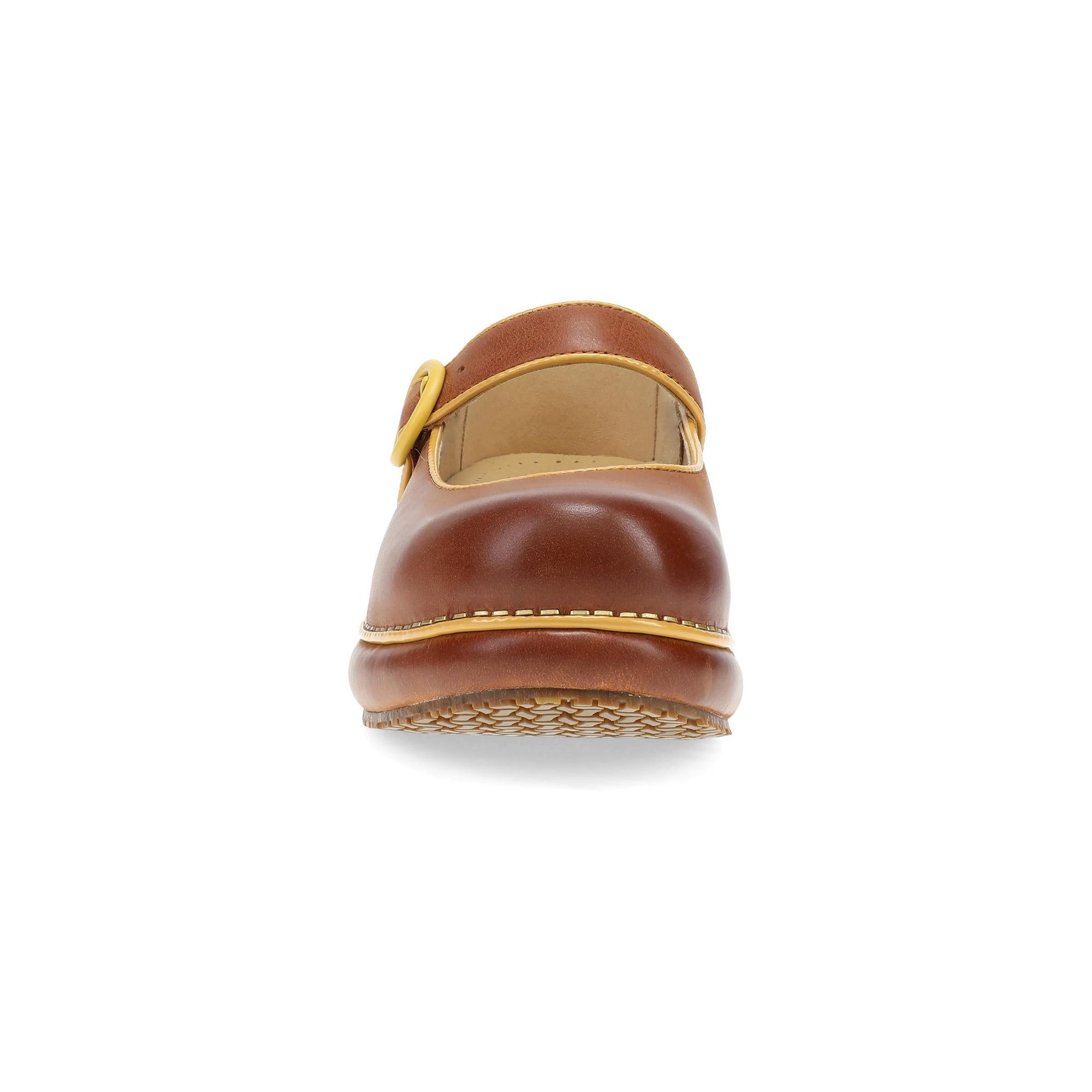 Back view of brown leather clog showing rounded heel and cushioned platform sole with yellow trim