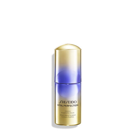 Gold and blue gradient cosmetic serum bottle with pump dispenser