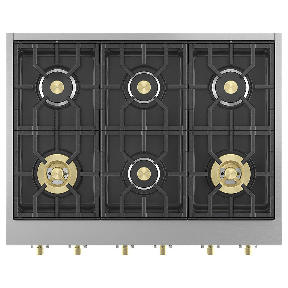 Gas cooktop with six burners featuring black surface and brass-colored knobs