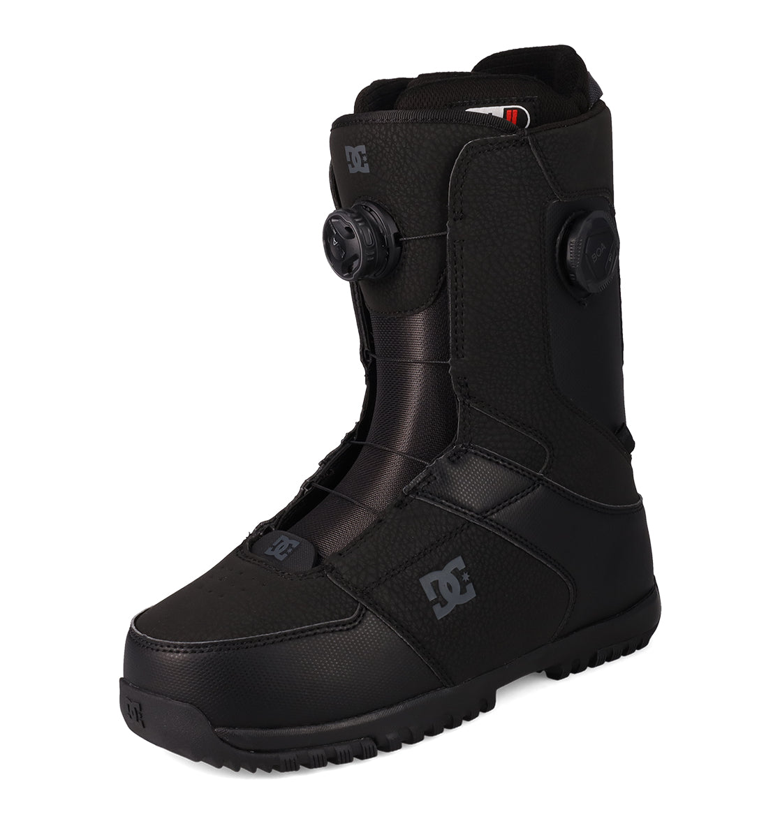 Black snowboard boot with dual BOA dial closure systems, side view