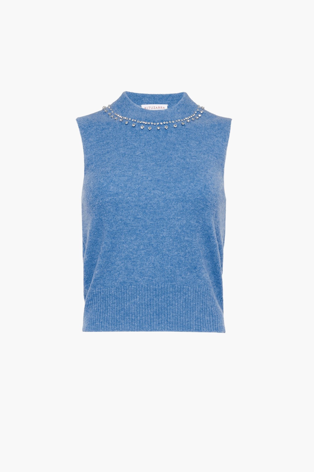 Blue sleeveless cashmere sweater vest with pearl beaded neckline detail