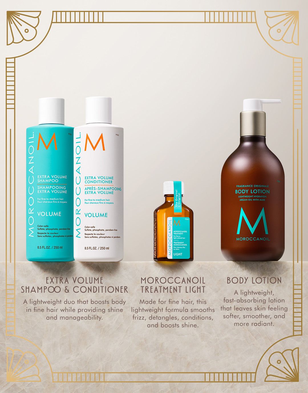 Four Moroccanoil products displayed: blue Extra Volume Shampoo, white Extra Volume Conditioner, small Moroccan Treatment Light bottle, and brown Body Lotion