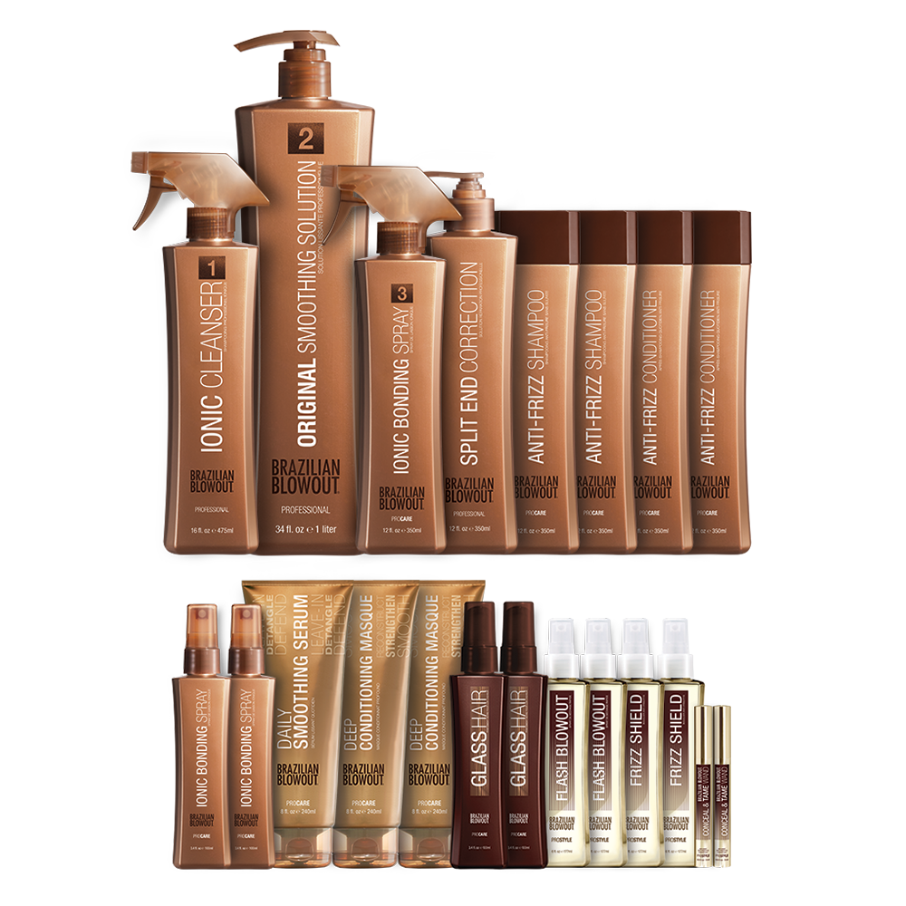 Professional hair care products including spray bottles, tubes, and bottles of smoothing solutions and conditioners on display