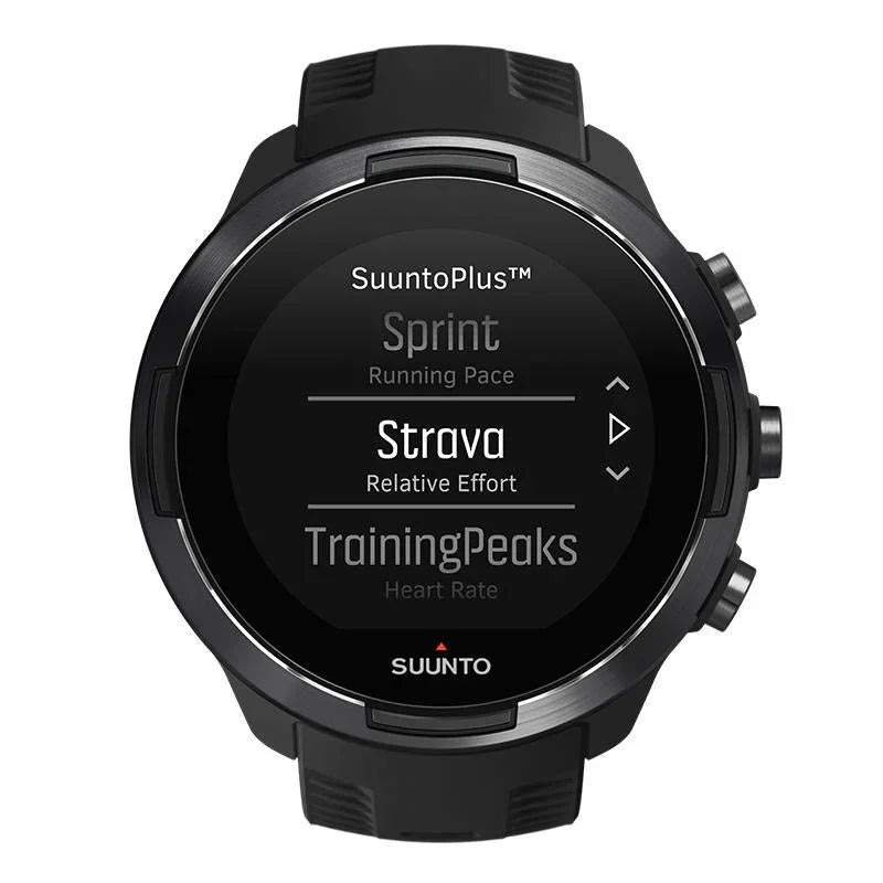 Smartwatch sports tracking menu displaying Sprint, Strava, and TrainingPeaks features
