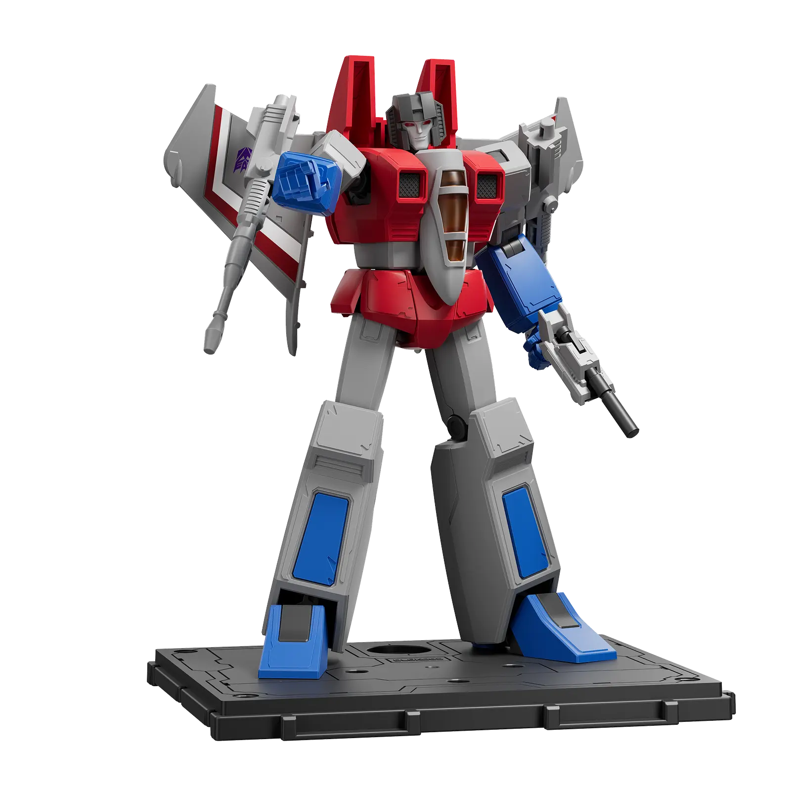 Red and blue robot with gray accents holding weapons, standing on black display base