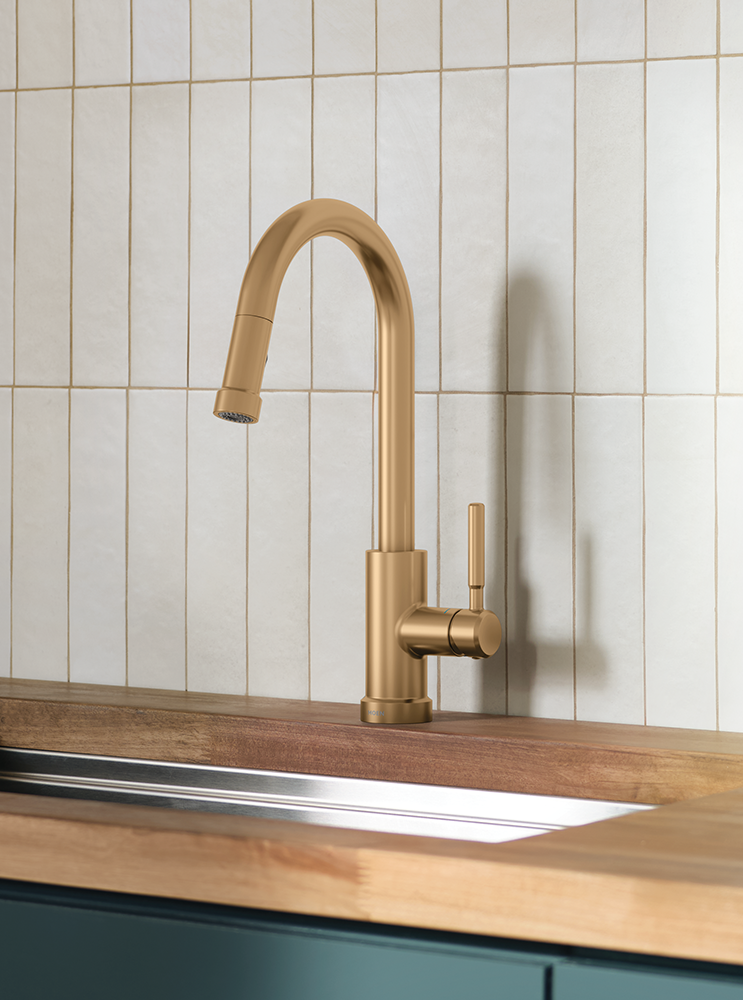 Brushed gold gooseneck kitchen faucet with single lever handle