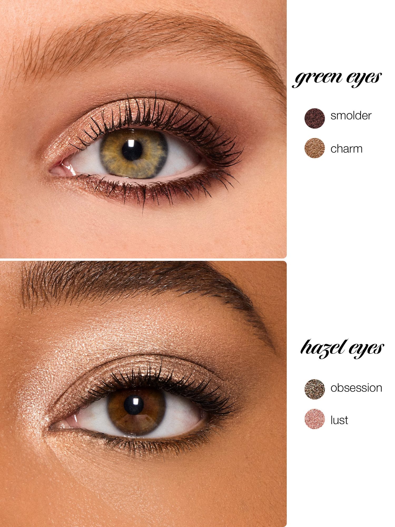 Eye makeup swatches for blue and green eyes featuring warm brown and bronze eyeshadow colors