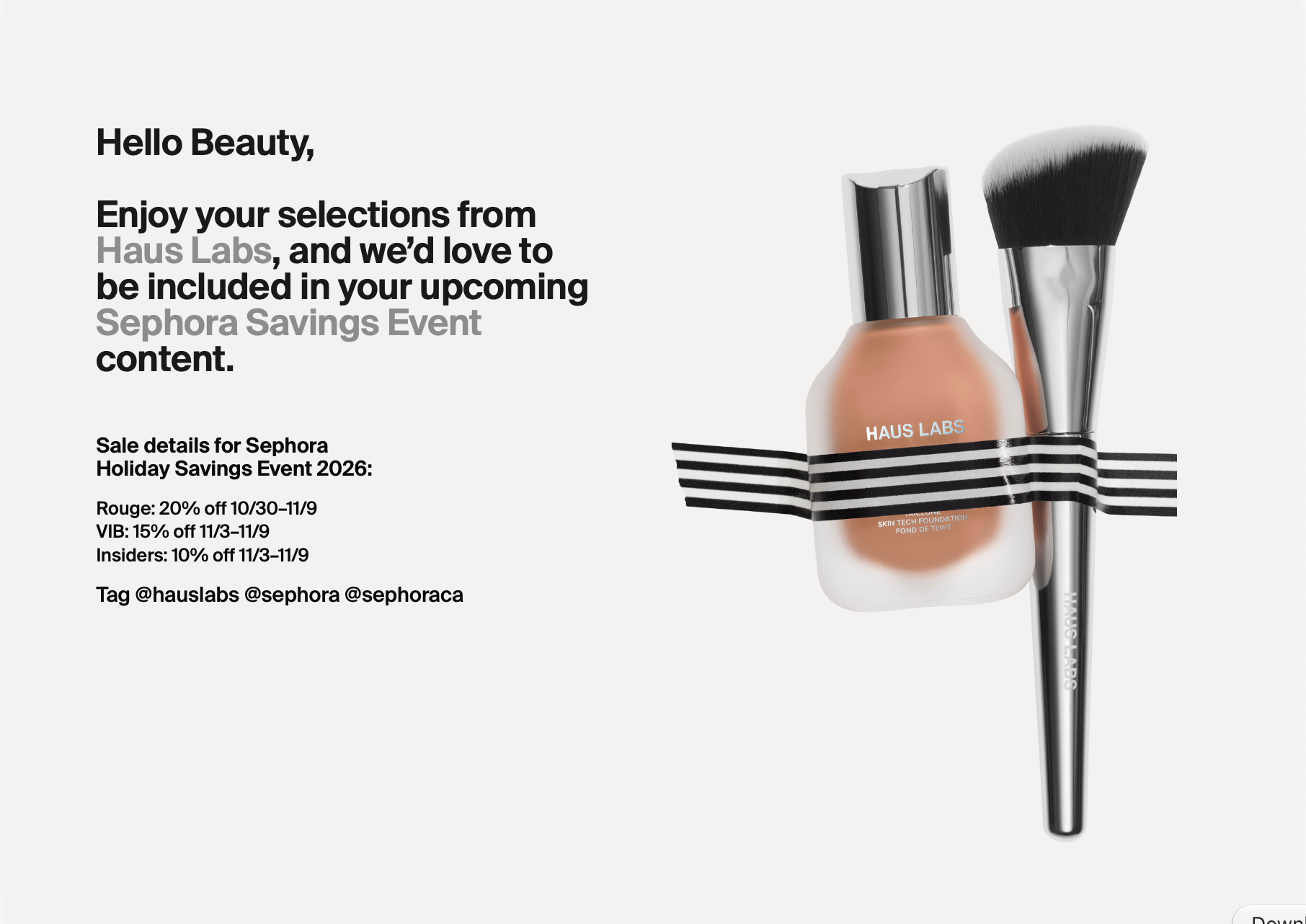 Beauty products advertisement featuring beige liquid foundation and black makeup brush with black and white striped ribbon bow