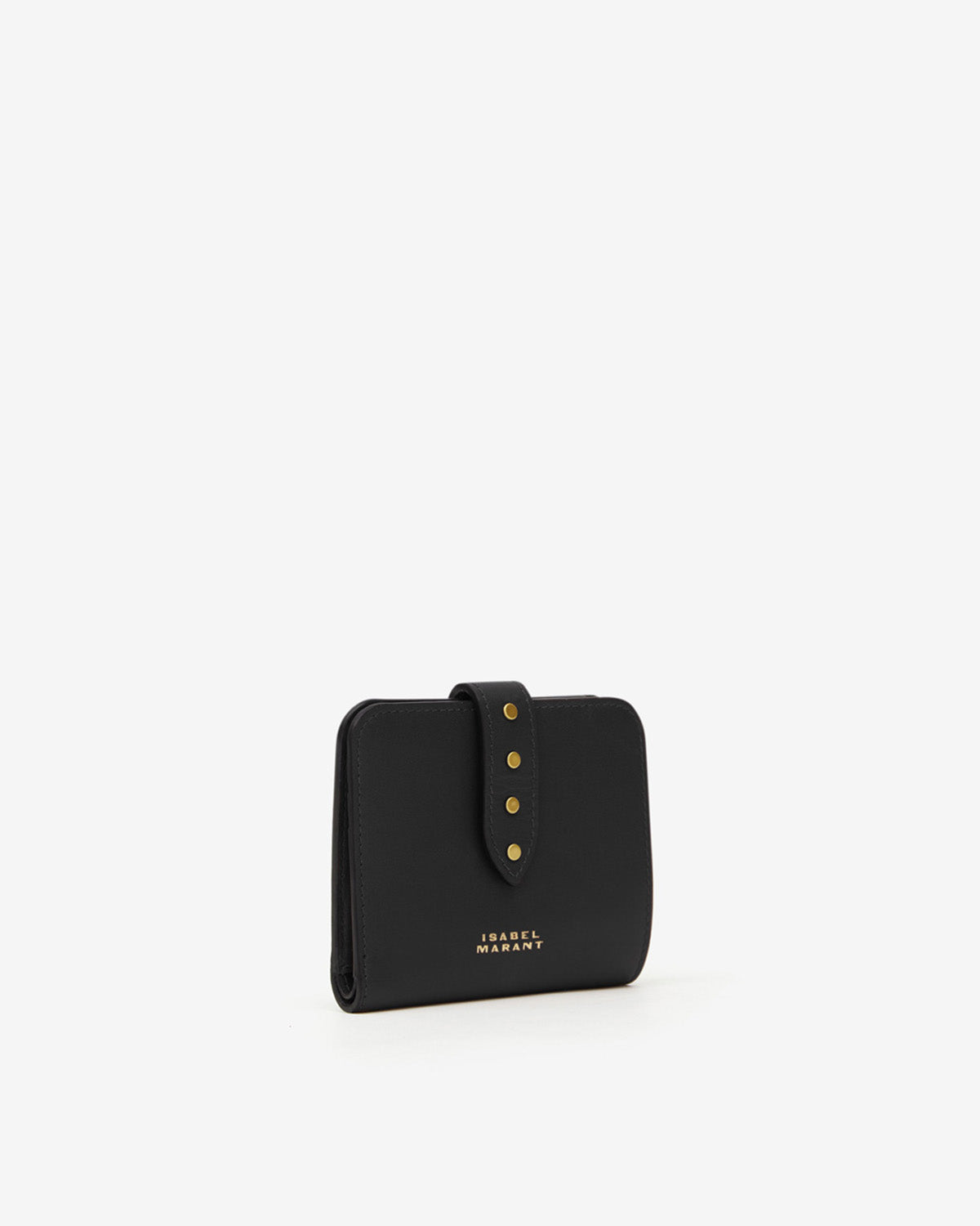 Black leather compact wallet with gold-studded flap closure and brand text