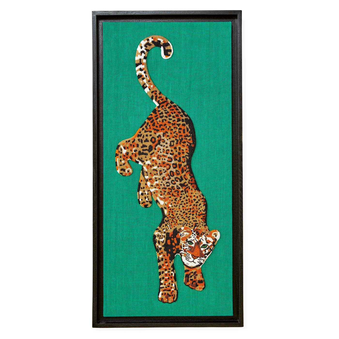 Leopard illustration on turquoise background with raised tail in black frame