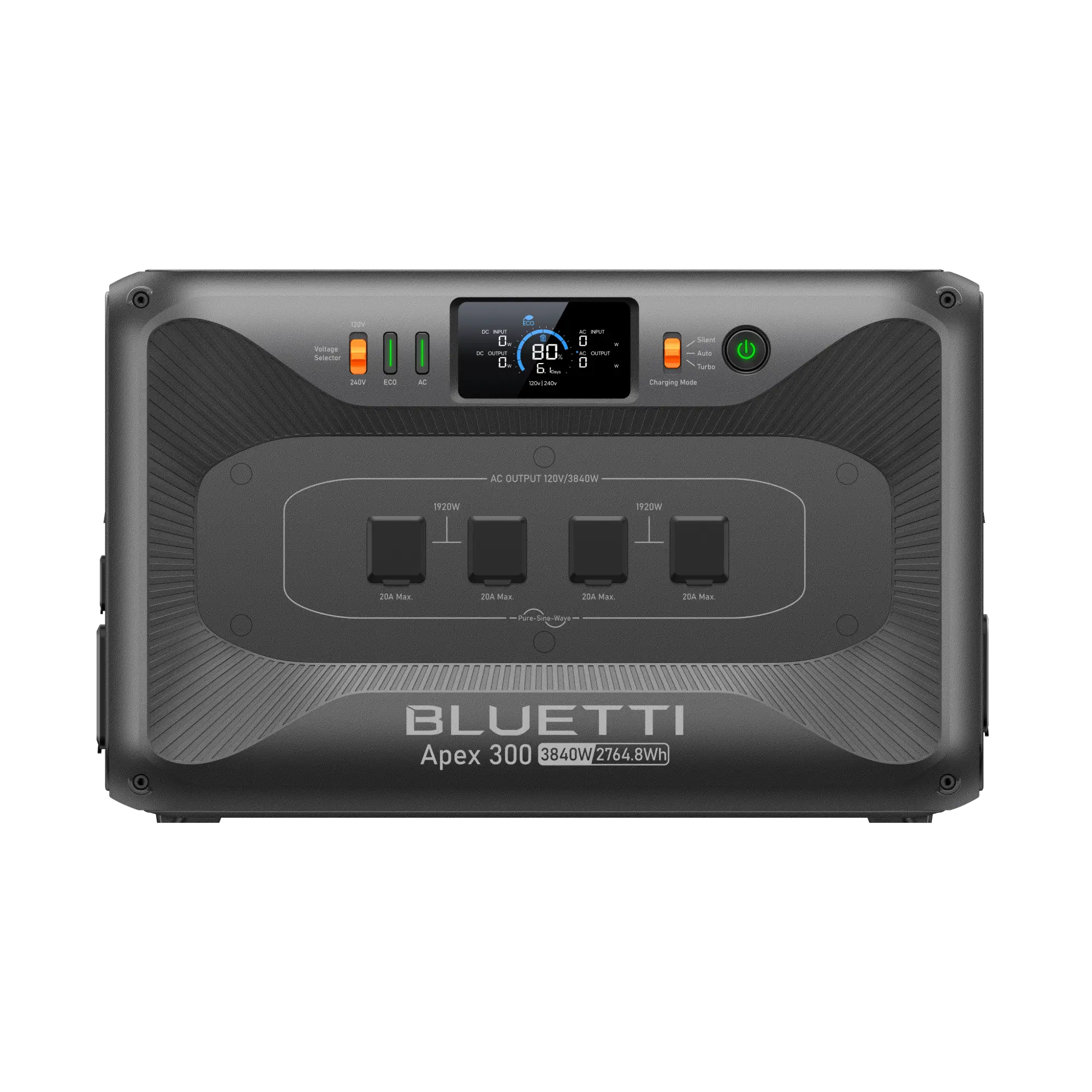 Front angled view of portable power station with control panel, digital display, and four AC outlets