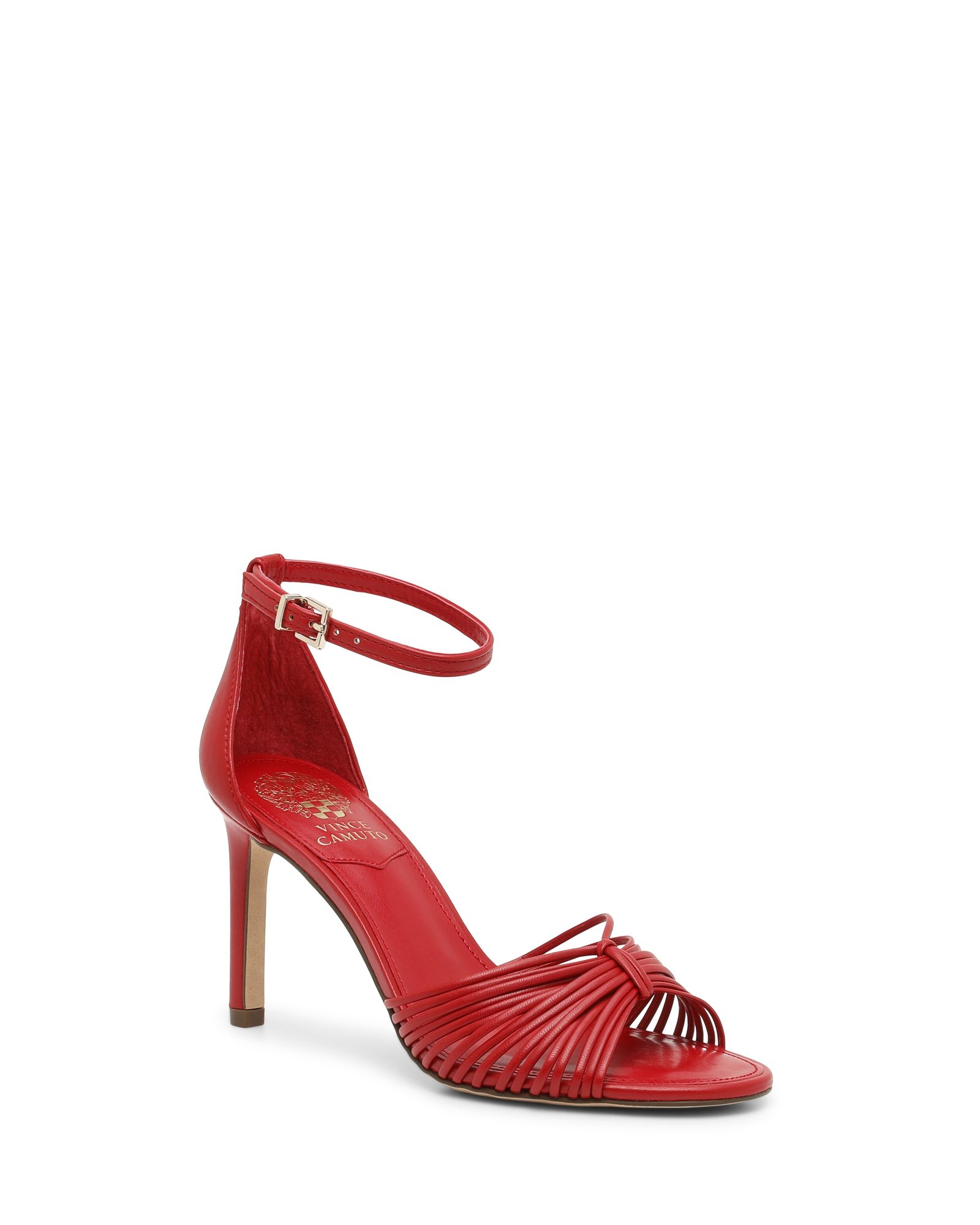 Red leather strappy sandal with pleated vamp detail, viewed from the side
