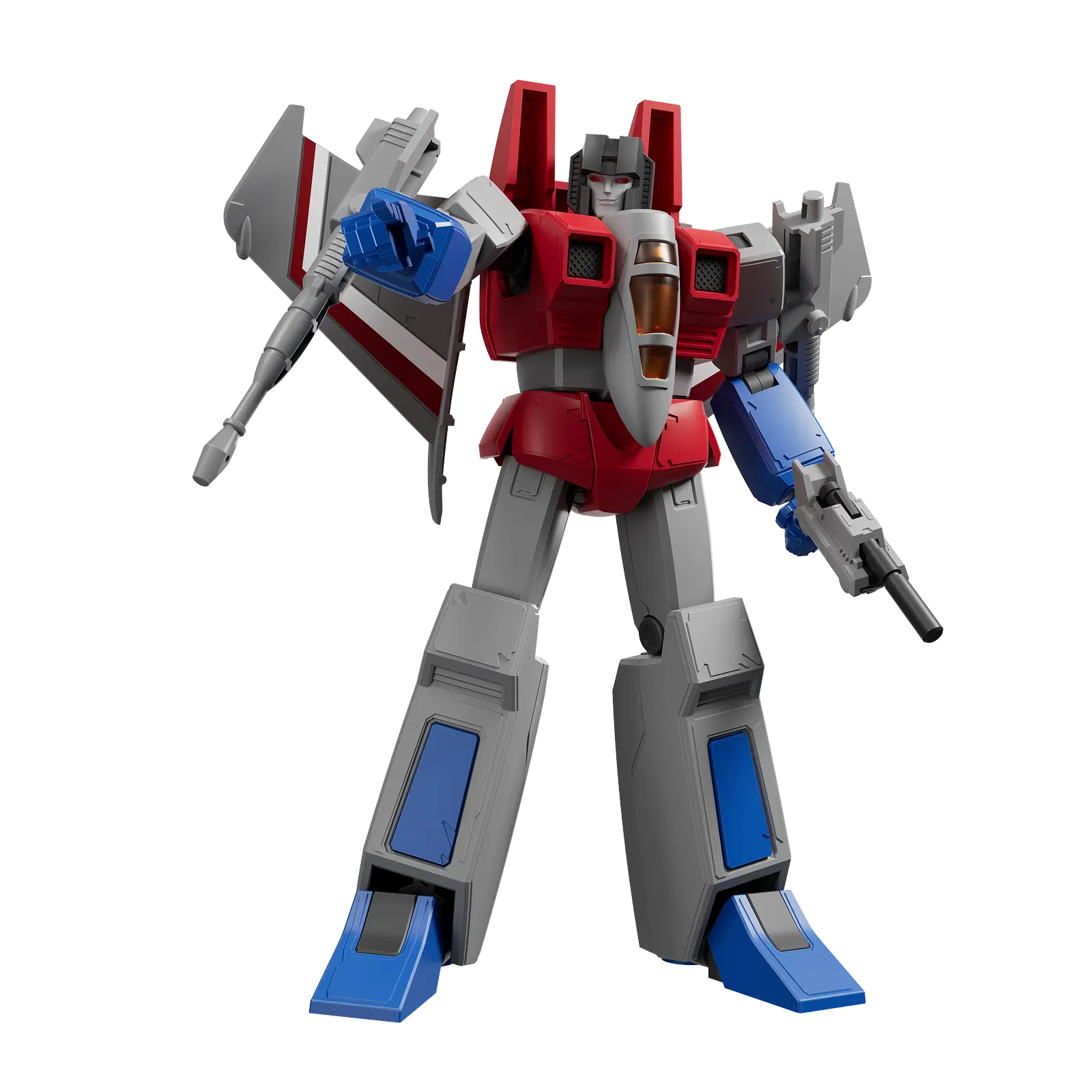 Red and blue robot in dynamic pose holding large axe weapon and gun