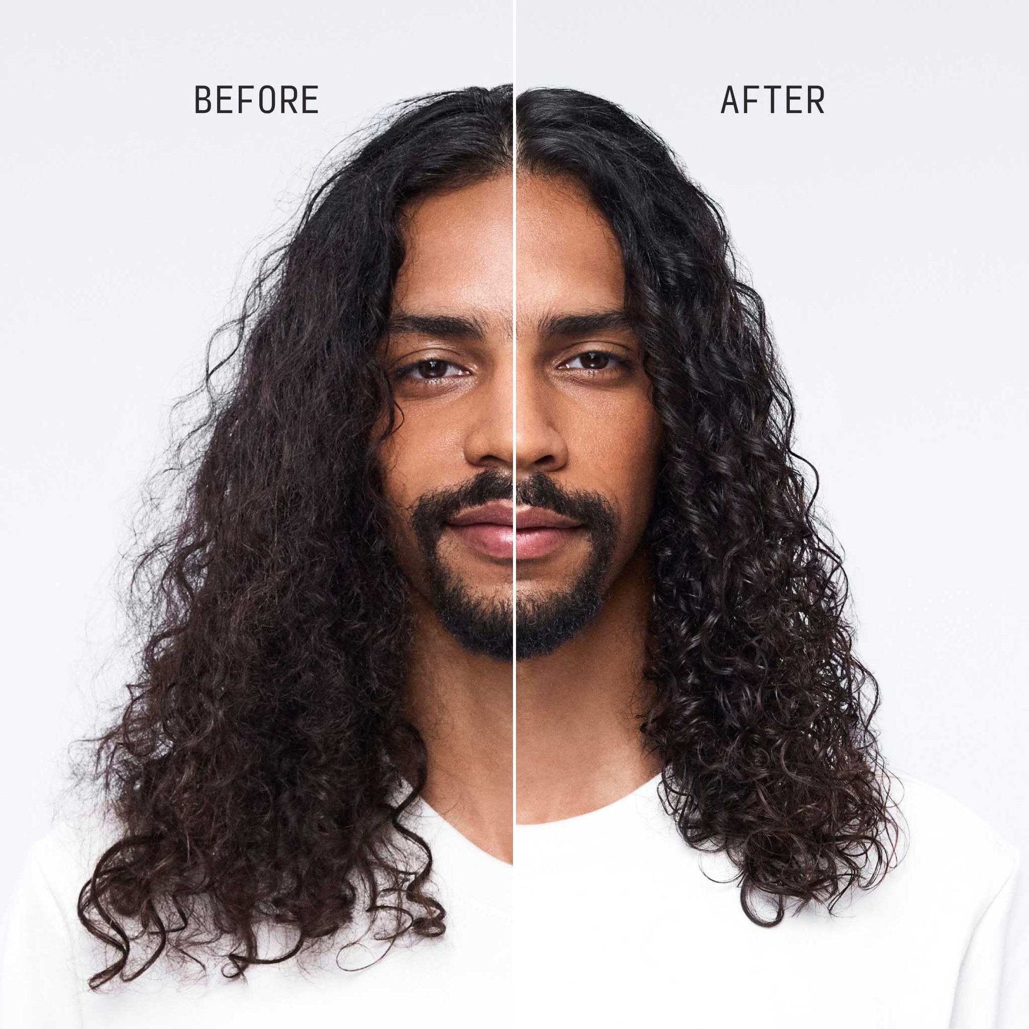 Split image showing man with long dark curly hair before and after product use, displaying enhanced curl definition and shine