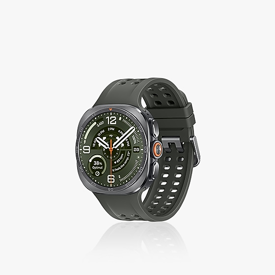 Dark gray smartwatch with round face and black sport band showing analog watch face