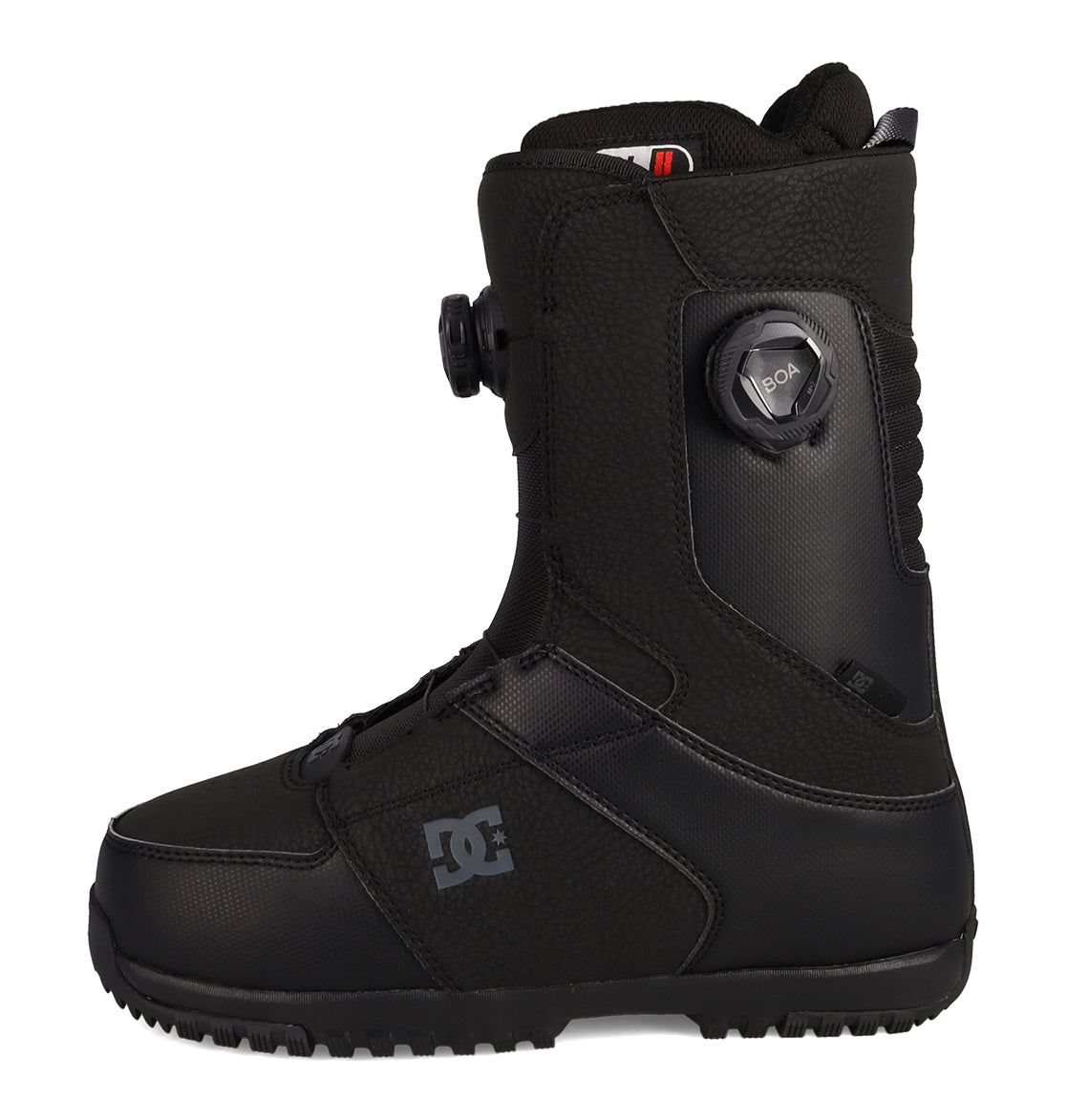 Black snowboard boot with single BOA dial closure system and treaded sole, side view